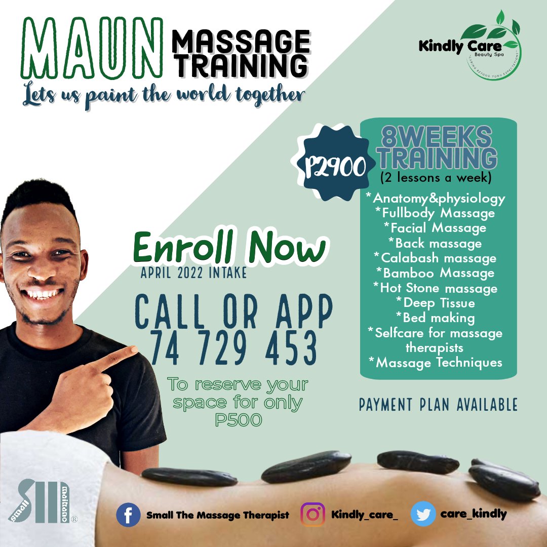 care_kindly's tweet photo. Reserve your space now
WhatsApp or Call 74729453
#maun #massage #massageschool #training #bw #kindlycarebeautyspa
#smallnuz https://t.co/pTKuVObtWX