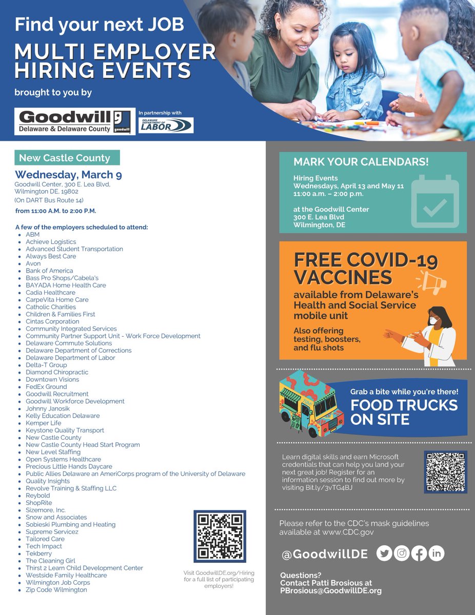 DelawareDVR's tweet photo. Attn: Jobseekers: @goodwillde Job Fair on Wednesday, March 9th at Goodwill Center, 300 E. Lea Blvd, Wilmington DE, 19802 from 11 am - 2 pm (Goodwill Center is on DART Bus Route 14). #dejobs #goodwillde #jobfair #delaware #jobs #nowhiring https://t.co/kSeApDz9Ju