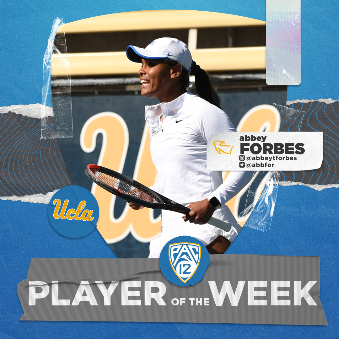uclawtennis's tweet photo. For the fifth time in her career, Abbey Forbes is 𝐏𝐚𝐜-𝟏𝟐 𝐏𝐥𝐚𝐲𝐞𝐫 𝐨𝐟 𝐭𝐡𝐞 𝐖𝐞𝐞𝐤!

The junior played a big role in UCLA’s home sweep of No. 7 California and No. 12 USC.

📰: https://t.co/ix37cIgKAQ

#GoBruins | #Pac12Tennis https://t.co/AWNZvccBDl