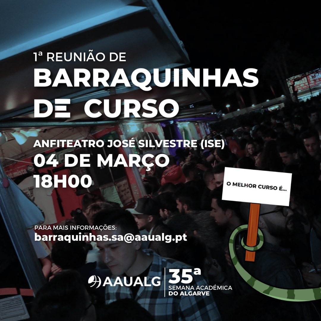 ⏱ tic tac… a Semana Académica está a chegar e já todos temos saudades das tradicionais “Barraquinhas de Curso”!

👉 Na próxima sexta-feira, 04 de março, pelas 18h, no Anfiteatro José Silvestre (ISE), irá decorrer a 1ª reunião com as comissões de curso.

#35SAAlgarve
