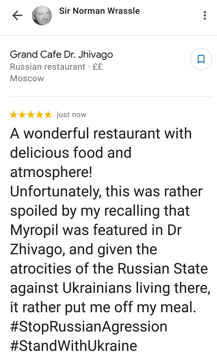 I couldn't resist leaving this 5-star review.
Why not visit a Russian restaurant via Google Maps and do the same so that local folk understand the depth of feeling about Ukraine?
No need to be nasty about the restaurant.