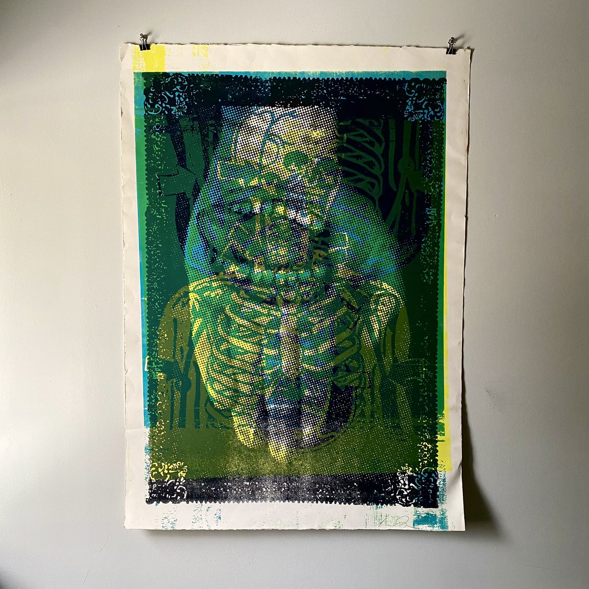 theapparatus's tweet image. Test Print Tuesday! Found this big guy hanging out in the depths of my flat file.  All test prints are one of a kind, numbered one of one and are a delight to talk to. #testprinttuesday #monoprint #testprint #screenprinting #aestheticapparatus