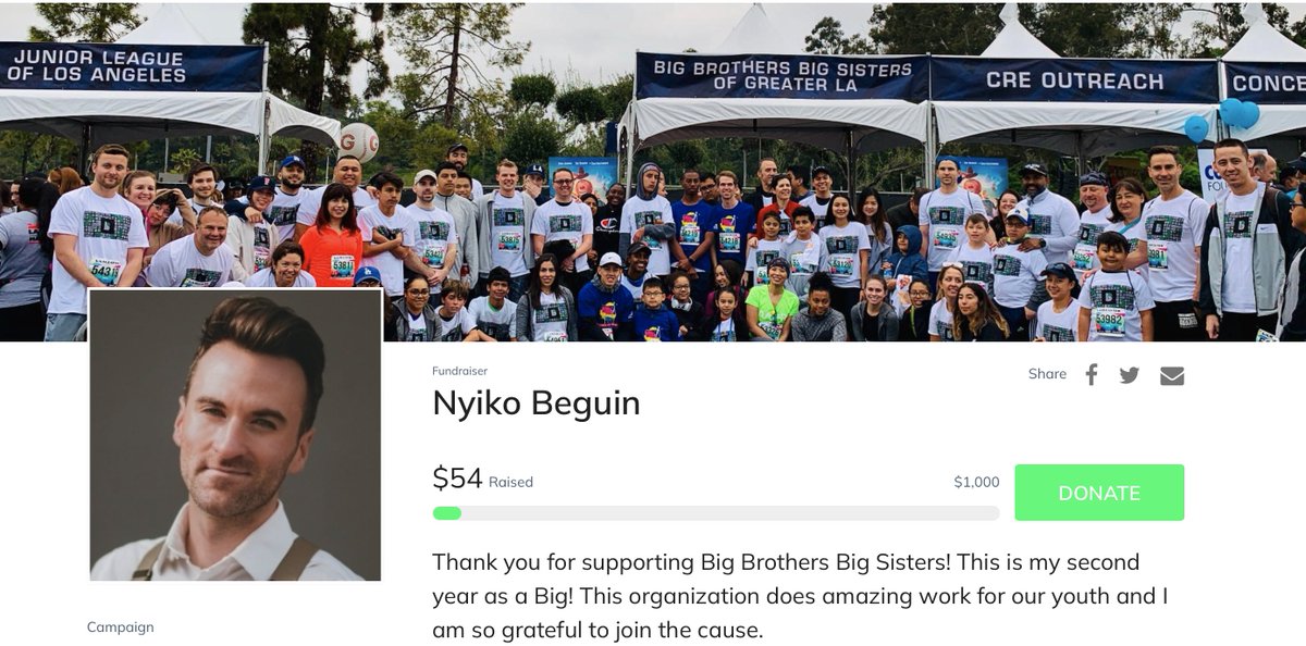 This is my 2nd year at <a href="/BBBSLA/">BigBrothersBigSisters</a> where I’m matched with an awesome 17-year old named Melvin. He was just accepted to his top-choice college: New York Film Academy! 

I'll be running in BBSLA's 5K with a personal goal to raise $1,000. 
You can donate here: classy.org/fundraiser/374…