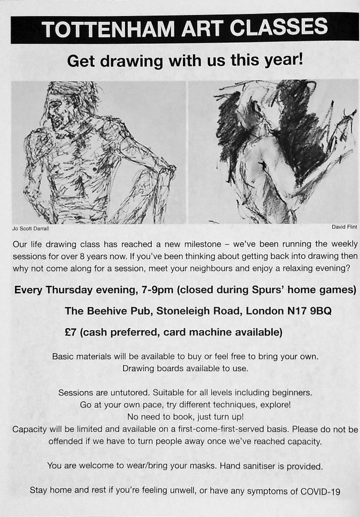 tottenhamarts's tweet image. Our classes get a full page mention in the latest edition of The Jackdaw.
Featured drawings are by regulars Jo and David of models @steveritterlife &amp;amp; @spiritedbodies.