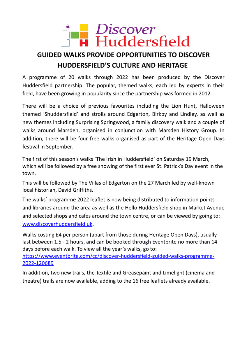 Our 2022 programme of 20 guided walks has now been released beginning with The Irish in Huddersfield on 19th March.
discoverhuddersfield.uk/walks/