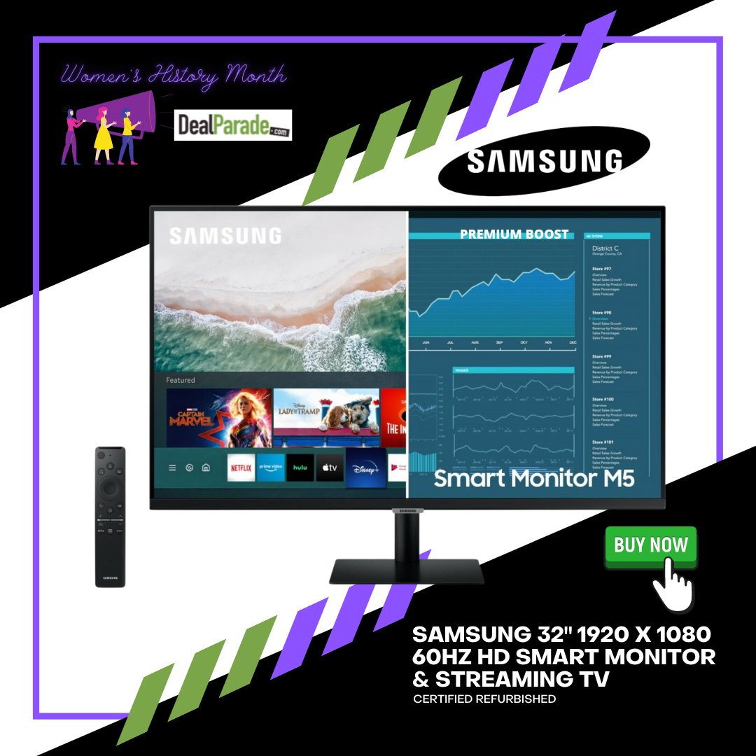DealParade's tweet image. Today we kick off #WomensHistoryMonth at #DealParade w/ #deals on the right tools to #empower our #women - get the #Samsung 31.5" Smart Monitor/TV, shop the #deal now!