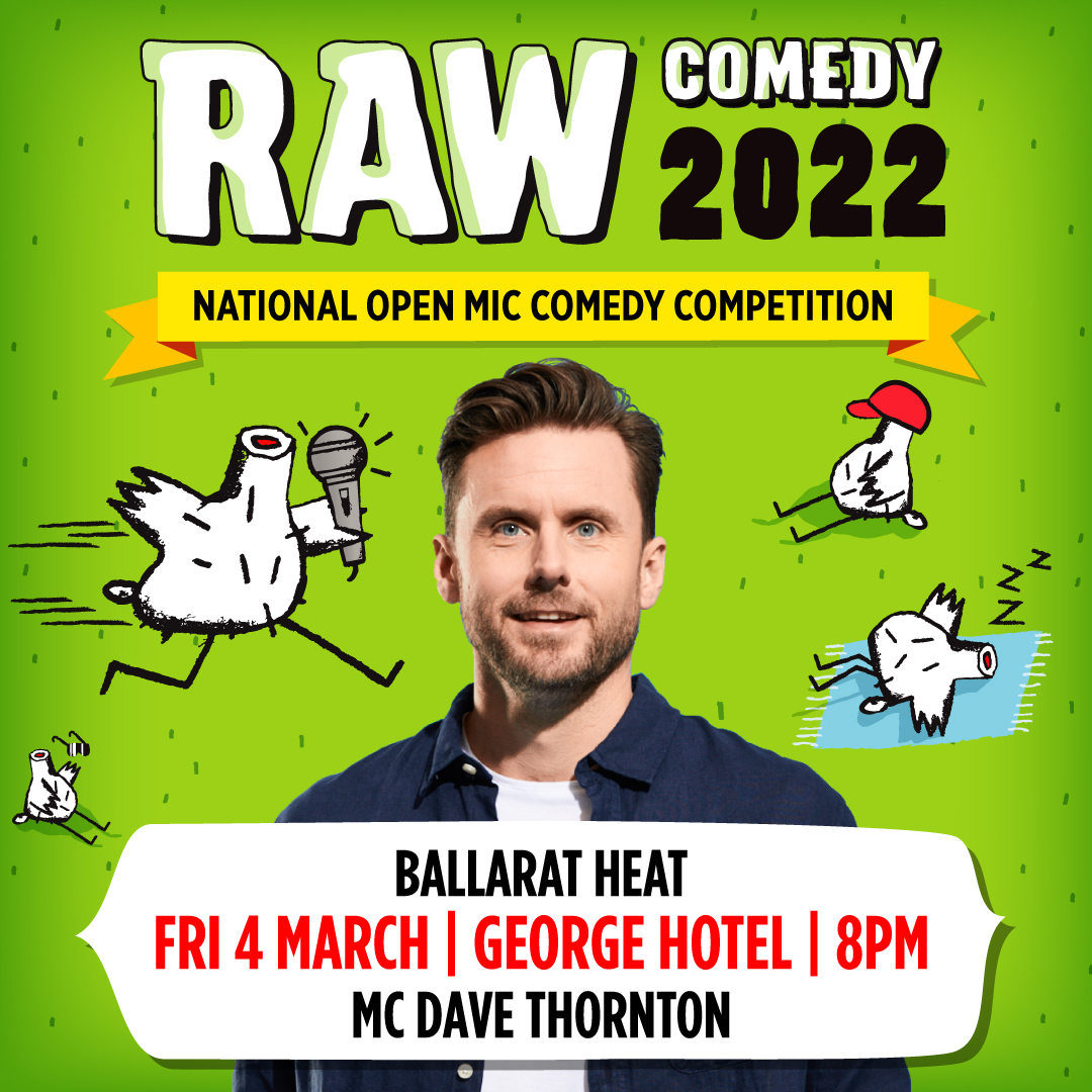 THIS FRIDAY! 🎉

Come join us in Ballarat as we search for Australia's funniest up-and-coming comics. With your MC Dave Thornton, you'll see funny folk armed with their best five minutes and their eye on the RAW Comedy crown! 🎙

Book here: bit.ly/RAWComedyBalla…