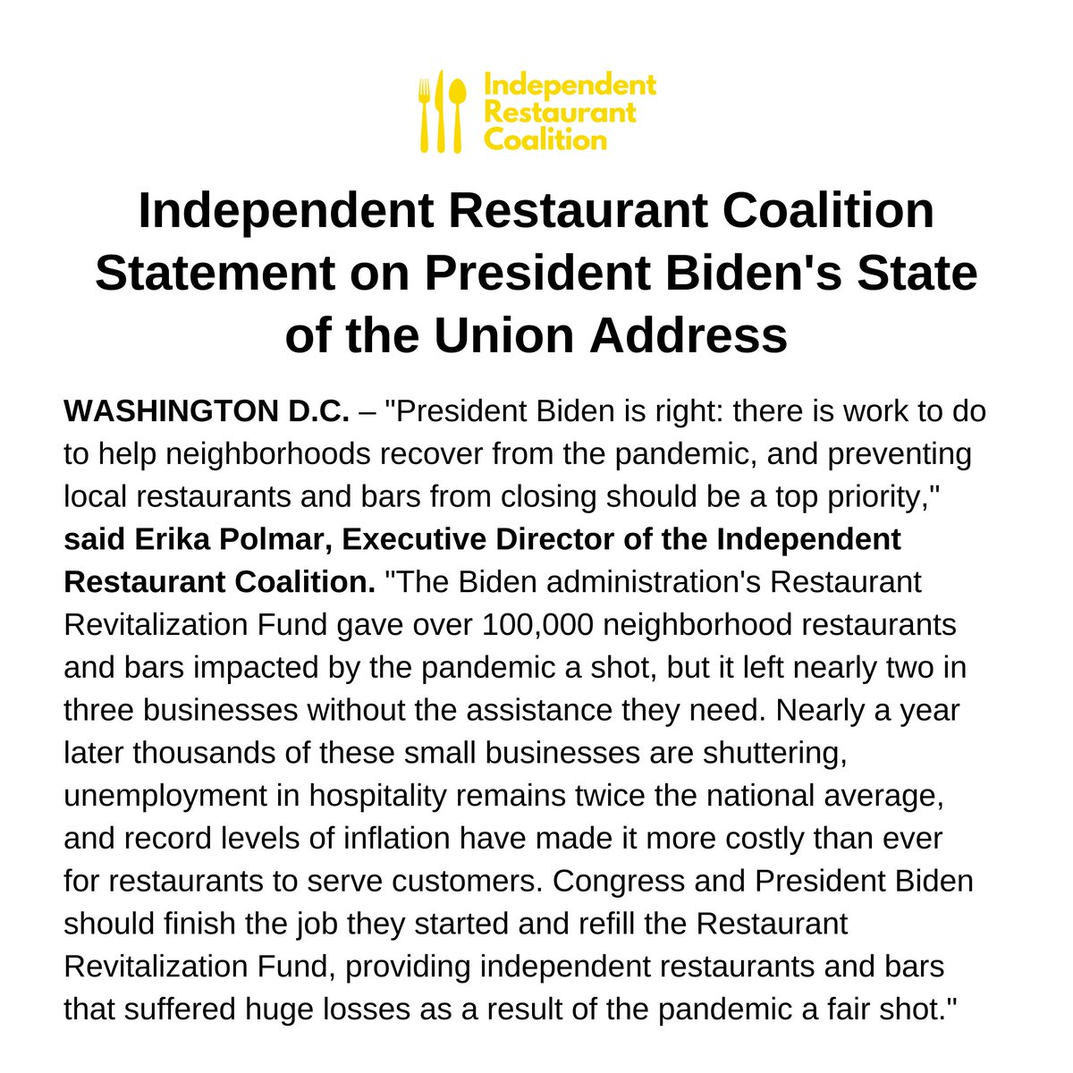 The State of the Union for restaurants is not strong. <a href="/POTUS/">President Donald J. Trump</a> and Congress must make restaurant relief a top priority and refill the Restaurant Revitalization Fund. #ReplenishRRF #SOTU2022