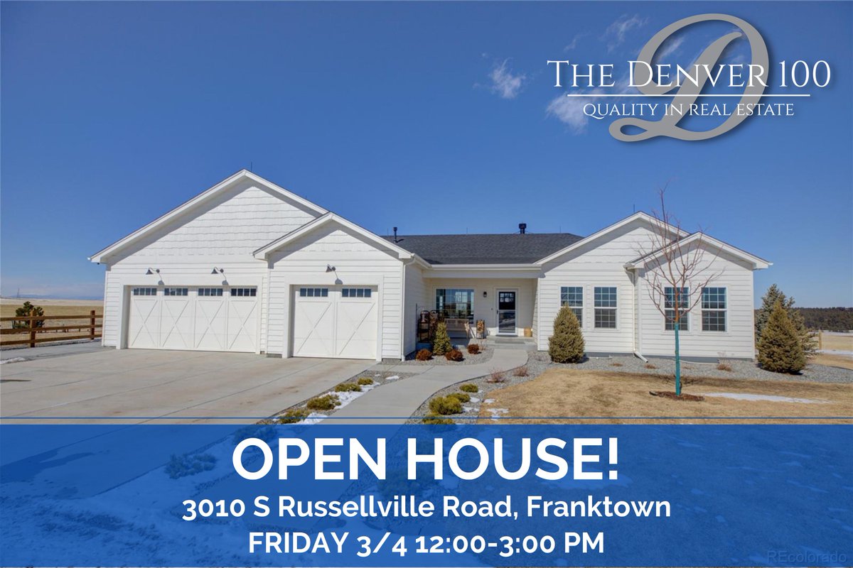 Come to our #OpenHouse‼ on Friday from 12-3 PM to see this beautiful home in person

🏡3010 S Russellville Road, Franktown, CO 80116

*5,148 sqft
*5 bed, 4 bath
*35-acre lot
*Oversized deck
*Spectacular Front Range views
*Open floor plan
*Three-car garage