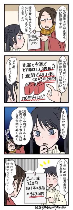 【おじょうさんはド直球⚾️63】
原油高なので暖房費を節約するという発想を別の発想に切り替えてみた結果… 

取り敢えず休肝日作ろうという気持ちにはなりました。はい…。

#おじょうさんはド直球 
#四コマ漫画 
#コミックエッセイ 
#漫画が読めるハッシュタグ 
#小3 