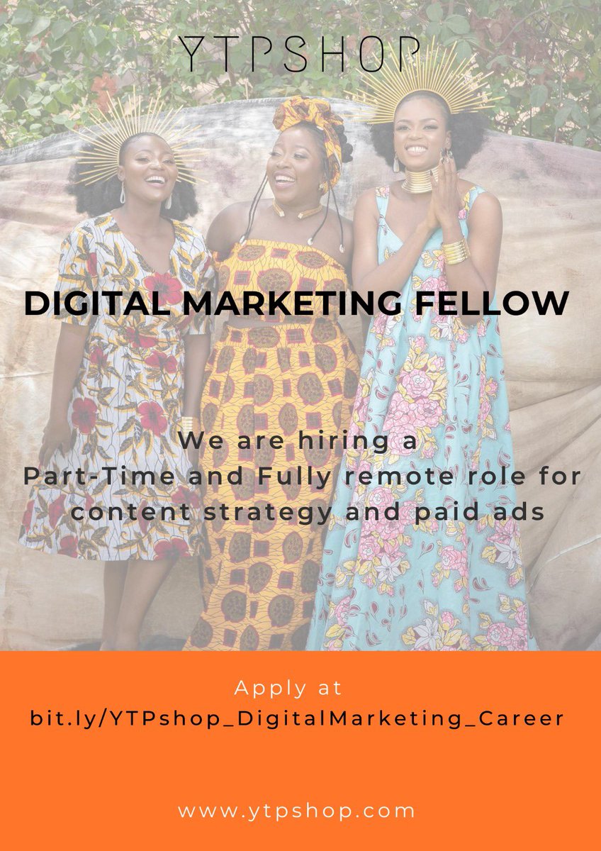 YTPshop's tweet photo. We are hiring!

YTPshop Digital Marketing Fellowship (Paid, Part-Time, Remote)

YTPshop is a contemporary African fashion brand based out of the U.S. with manufacturing in Nigeria.
Job App Link -> https://t.co/0cQDTGvdGN https://t.co/Y3O9LEWWkd