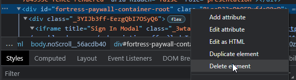 PPSP_OVER_9000's tweet photo. @starch78 @SBF_FTX To bypass the paywall : Right click + Inspect on the popup, find the paywall element and delete it then find the Body element and set overflow to "scroll" instead of "hidden" https://t.co/Es27tI7KxV