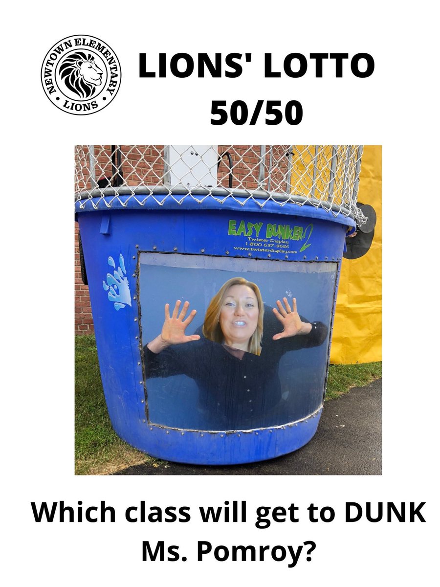 NewtownElem's tweet photo. Remember last year when students pie’ed Principal Pomroy?  Well this year she’s going to get wet!  The class that sells the most 50/50 tickets will get to dunk her at a Beach Party! Tickets on sale Thursday! #5050 @NLESDCA #NL  #lionslotto @islandwidepromo #thisisgoingtobefun https://t.co/9he5NW6MAc
