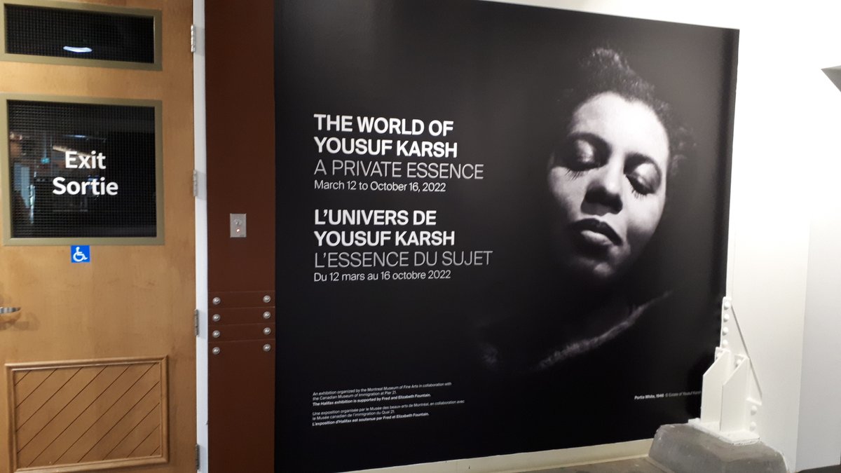 conlin_dan's tweet photo. Today we installed the title mural for "The World of Yousuf Karsh". His amazing 1946 portrait of Portia White headlines the show about this famous photographer and  refugee to Canada, opening @Pier21 March 12: https://t.co/q5xVX65yrW   #KarshIsComing @mbamtl @KarshYousuf https://t.co/EEomHW7VTX