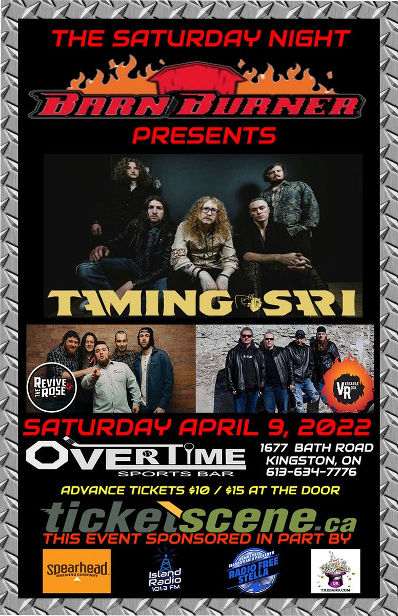 Mark it on you calendars come on out for a night of tunes with us VR @ReviveTheRose and @taming_sariband at the overtime sports bar in Kingston sponsored by Spearhead brewing company    🤘🤘 #party #livetunes #rockmusic #canadianband
