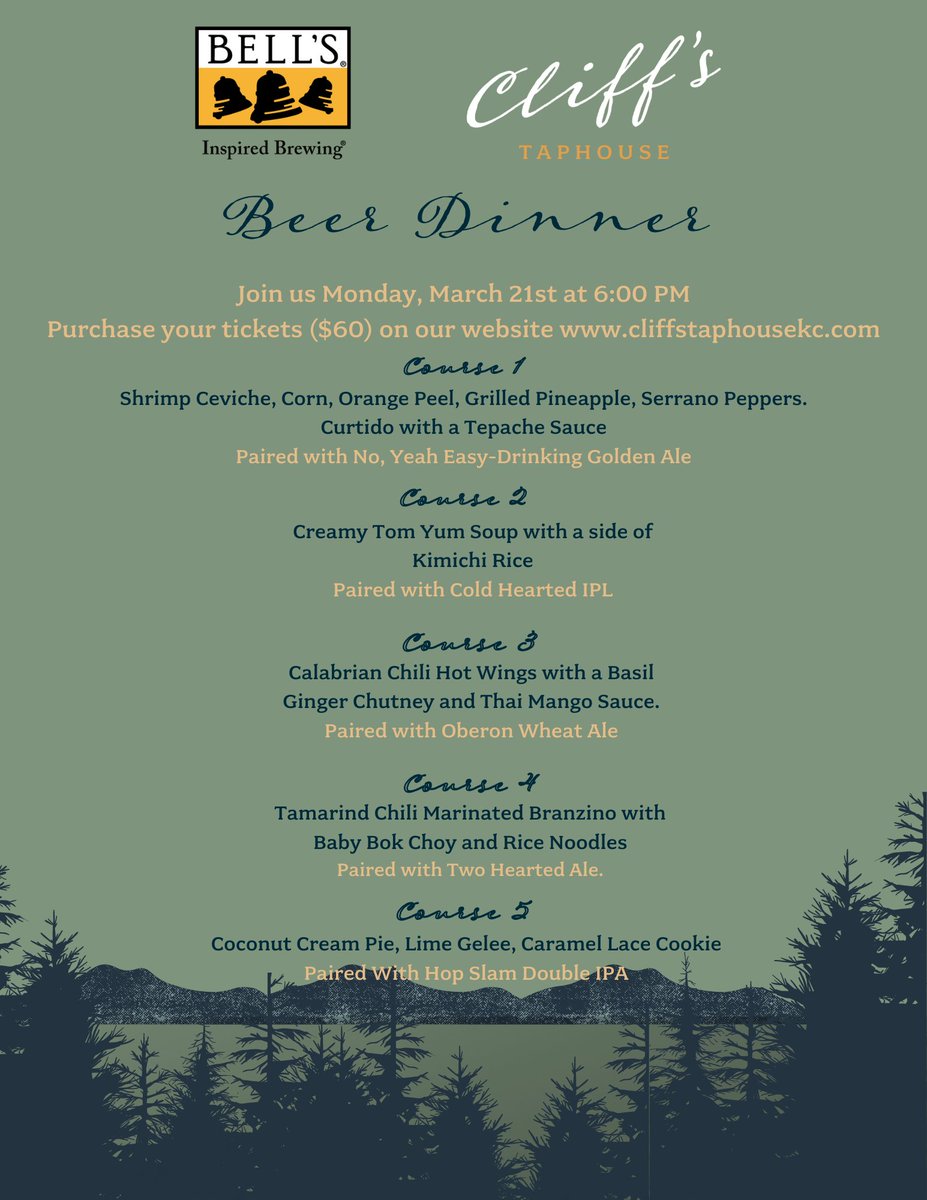 We're back with another BEER DINNER! This time we are teaming up with @bellsbrewery to offer a delicious five-course dinner and beer pairing. ❤️🍺

Each course was crafted by our Executive Chef, Laura Valdivia, and pairs with a refreshing beer from Bell's!
exploretock.com/cliffstaphouse…