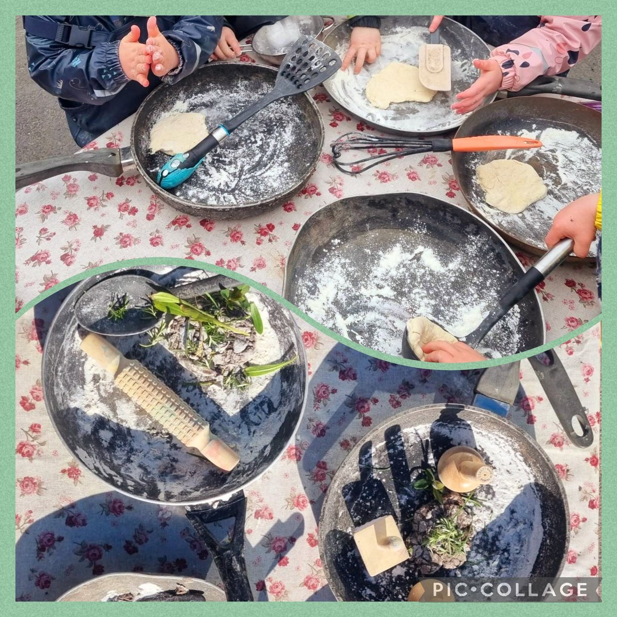 Toddler pancake creations in the mud kitchen - time and space to interpret and recreate experiences in their own way. Calm purposeful play #slowpedagogy #outdoorlearning