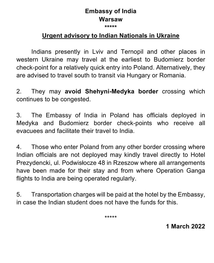 ANI's tweet photo. Embassy of India in Warsaw, Poland issues an urgent advisory to Indian nationals in #Ukraine stating, "avoid Shehyni-Medyka border crossing which continues to be congested... Indians in Lviv&amp;Ternopil in western Ukraine may travel to Budomierz border for quicker entry into Poland" https://t.co/KKbouR6KkM