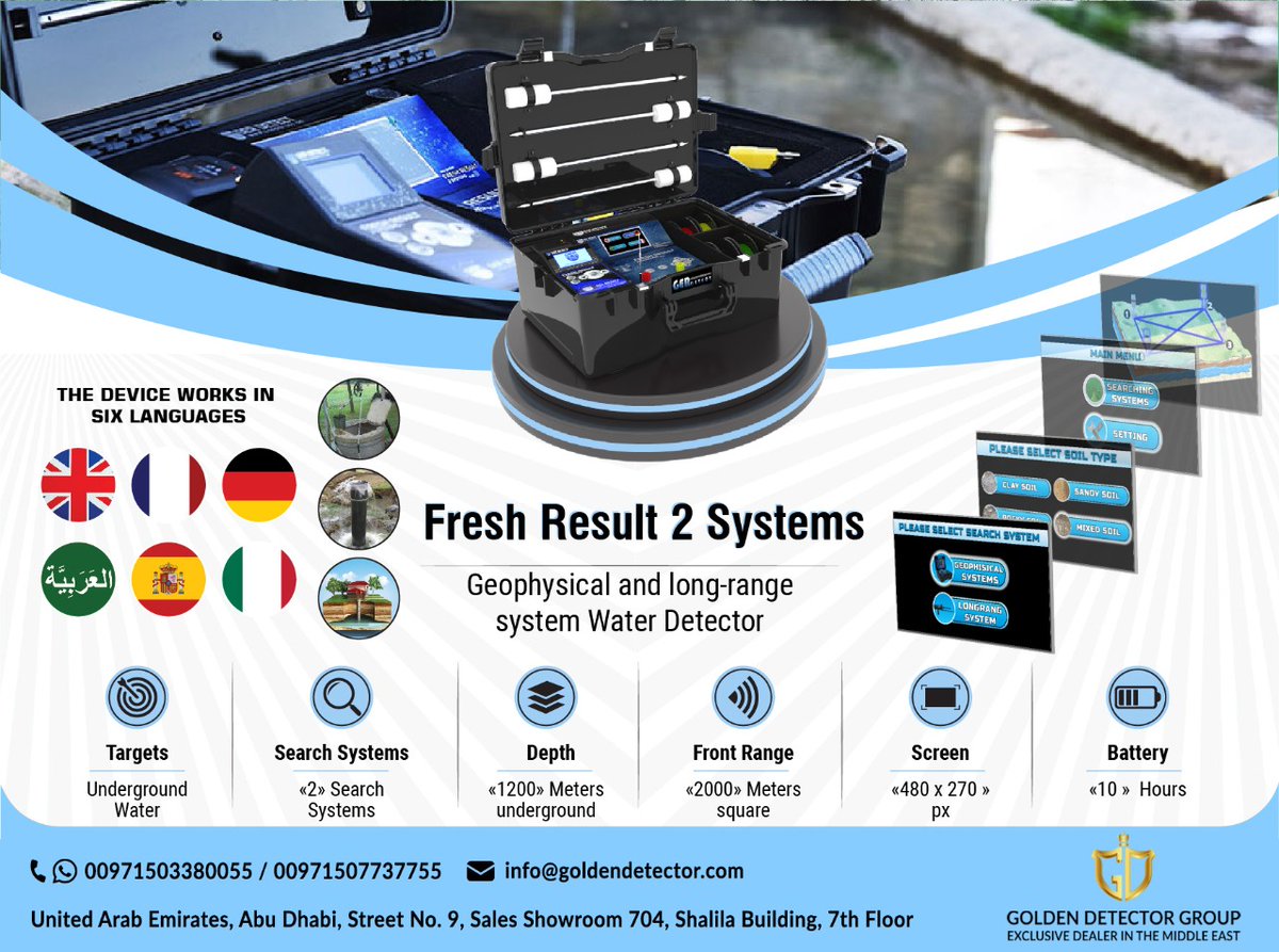Fresh Result 2 Systems Device -
DUAL SYSTEM LONG-RANGE &amp; GEOPHYSICAL
Water Detector
visit our website for more information 
goldendetector.com/en/product/fre…
#freshresult #freshresult1 #freshresult2 #uigdetectors
#gerdetect #waterwelldriller #waterwellrig
#waterwelldrilling #drillingtools