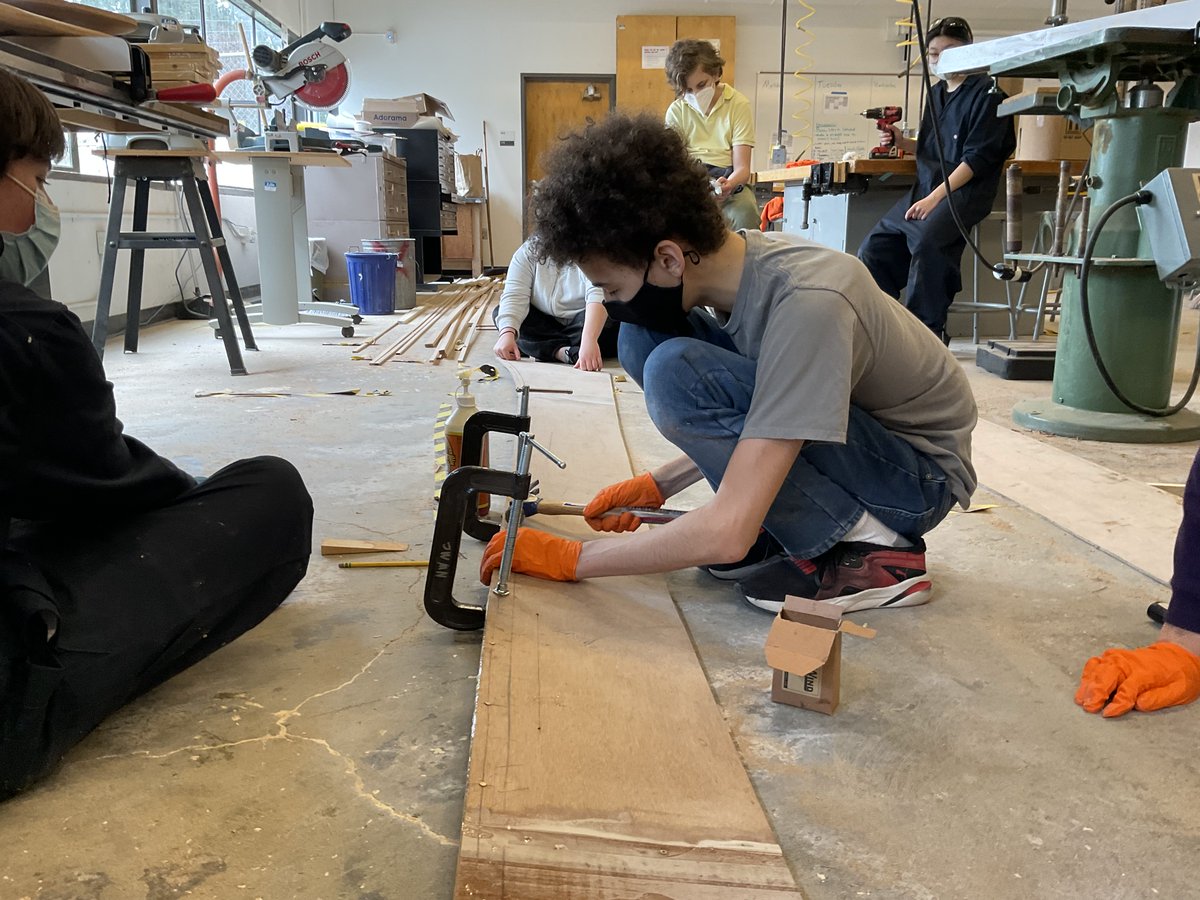 TheMaritimeHS's tweet photo. It is the second-day @TheMaritimeHS #woodworkingshop for our boat building week. Today we are focusing on #teamwork. We added shears to the side panels of our canoe and sanded seats. #canoebuilding #handsonlearning @SuptEnfield https://t.co/jeu4olpXzc