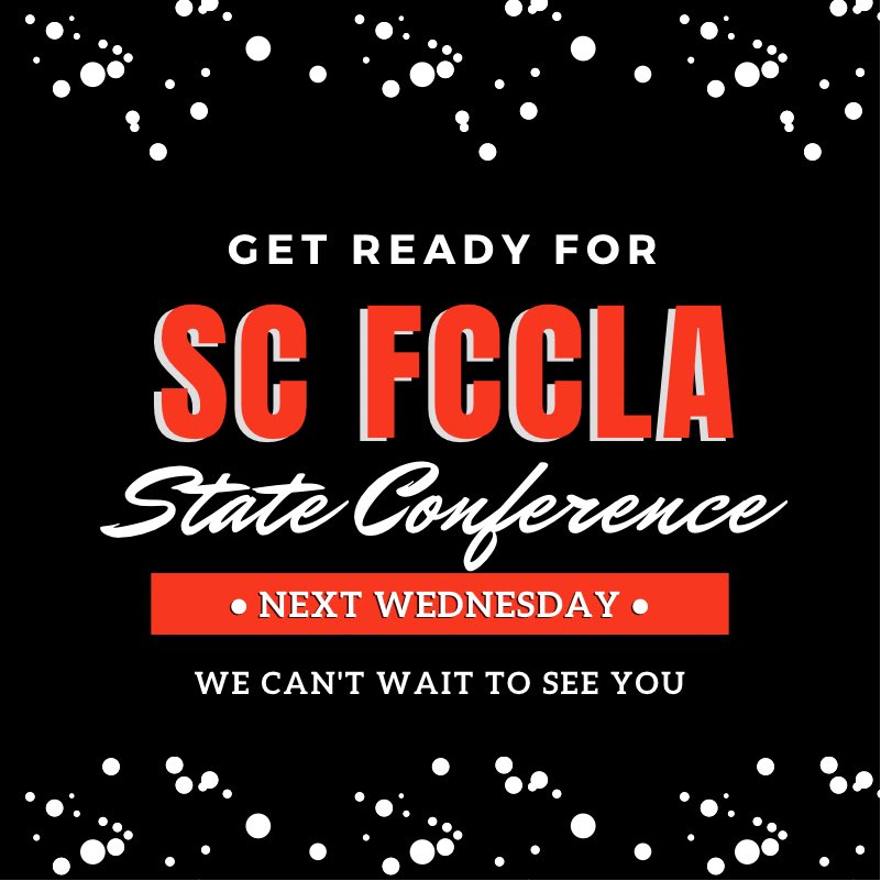 Hey SC! We cannot wait for next week to start our State Leadership Conference! We are so exited to see all of you for our STAR events competition and Workshops!