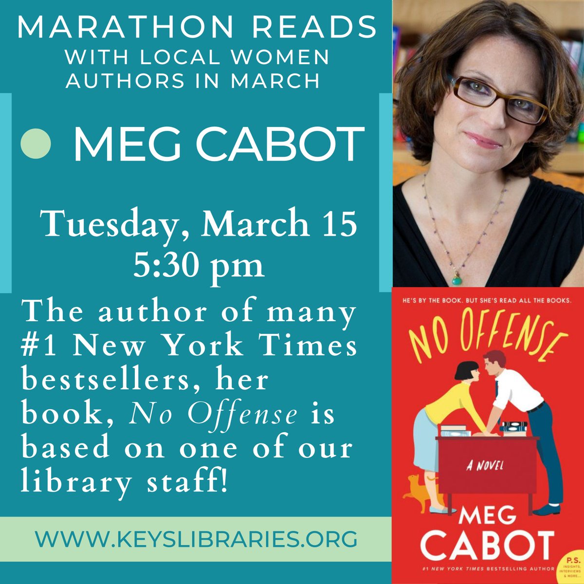 Marathon Reads with women authors in March!
Help us celebrate Women's History Month with local author Meg Cabot on Tuesday, March 15, 5:30 pm.
#KeysLibraries #MCPLFL #WomensHistoryMonth #WomenAuthors
