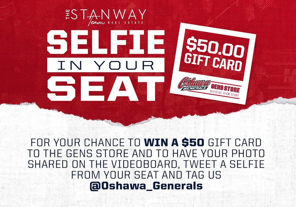 GensNation! Send us a 'Stanway-Selfie-From-Your Seat' for a chance to win:

- $50 Gens store gift card
- Team signed flag
- 4⃣ tickets to the outdoor game

Tag us at <a href="/Oshawa_Generals/">Oshawa Generals</a>, share your seat location, and rep that Gens gear👀

#OSHvsOTT | <a href="/TheStanwayTeam/">Danielle & Brandon Stanway</a>