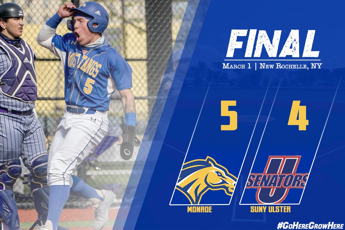 MonroeMustangs's tweet photo. MUSTANGS WIN IT AT HOME!

Dante Paolucci's 2-RBI single in the 8th proves to be the winner, as @MC_MustangsBASE defeats SUNY Ulster, 5-4, in the Mustangs' home opener!

#GoHereGrowHere https://t.co/7fUy67OoOR