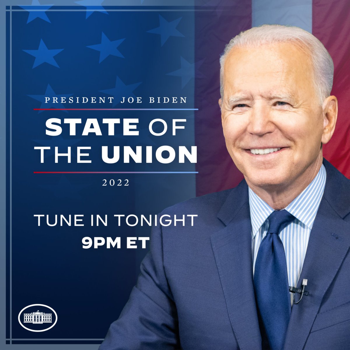 WhiteHouse46's tweet photo. Tune in tonight at 9 PM ET for President Biden’s State of the Union address. https://t.co/3xZ4yI4XtK https://t.co/kmZjWCVrvK