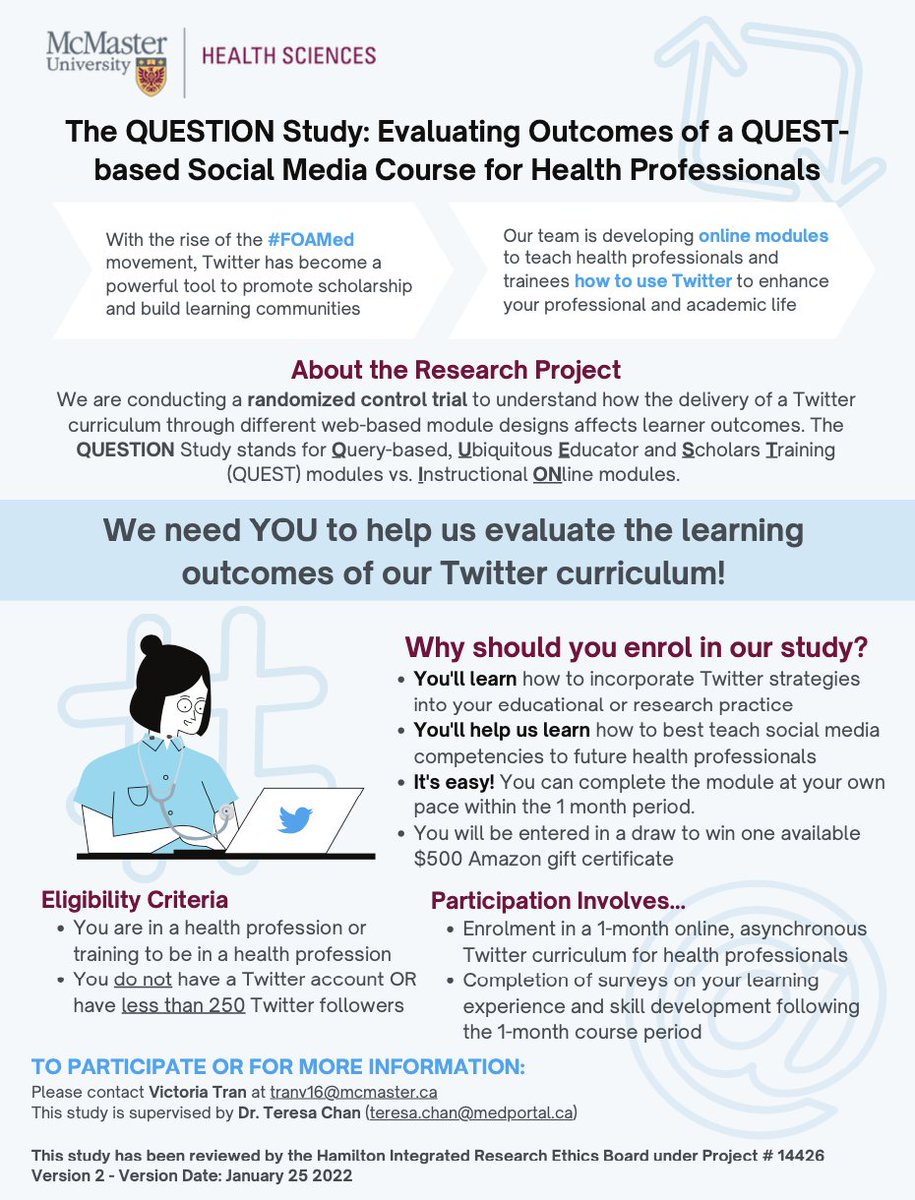 Hey #MedEd #MedTwitter #HCLDR crew... Are you new to Twitter and wish to up your game? 

Wanna do that WHILE helping out my awesome Master's thesis student Victoria Tran???

Come and enrol in this study and win a chance to be in a draw for $500 CAD gift card!!!