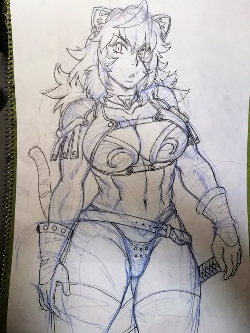 落書きしてた。いつか描きたし、獣人娘の武者修行もの。 