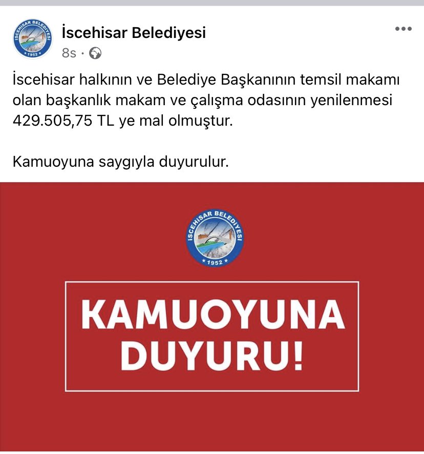 Afyon’a bağlı AK Partili İşcehisar Belediyesi’nin başkanlık makamı 429.505,75 TL’ye yenilendi. Keşke başkan faturayı 430 bine yuvarlasaydı. İtibardan tasarruf olmayacağı gibi itibardan küsürat da olmaz.