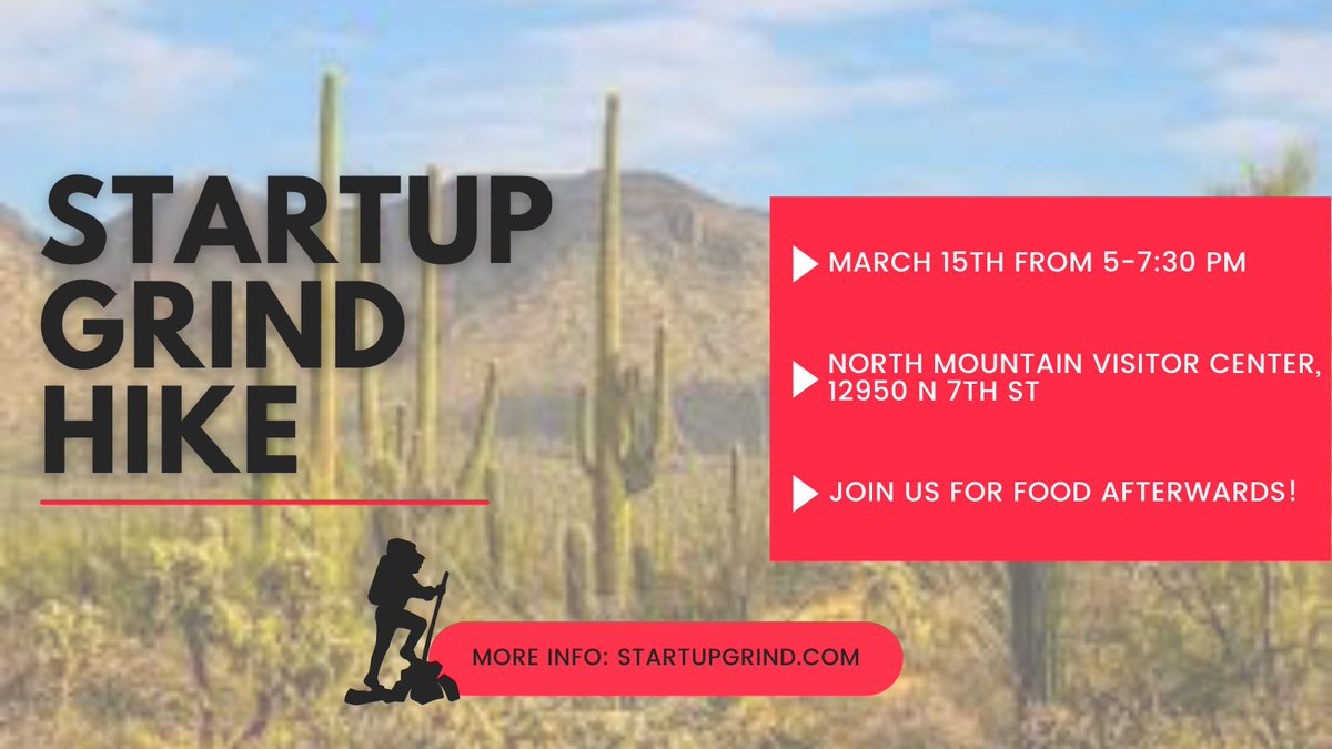 Have you been craving some great exercise, food, and connection? Join Startup Grind as we hike North Mountain on March 15th from 5-7:30 pm. Grub at Little Miss BBQ to follow! All levels welcomed!

RSVP at startupgrind.com. We can’t wait to see you there!