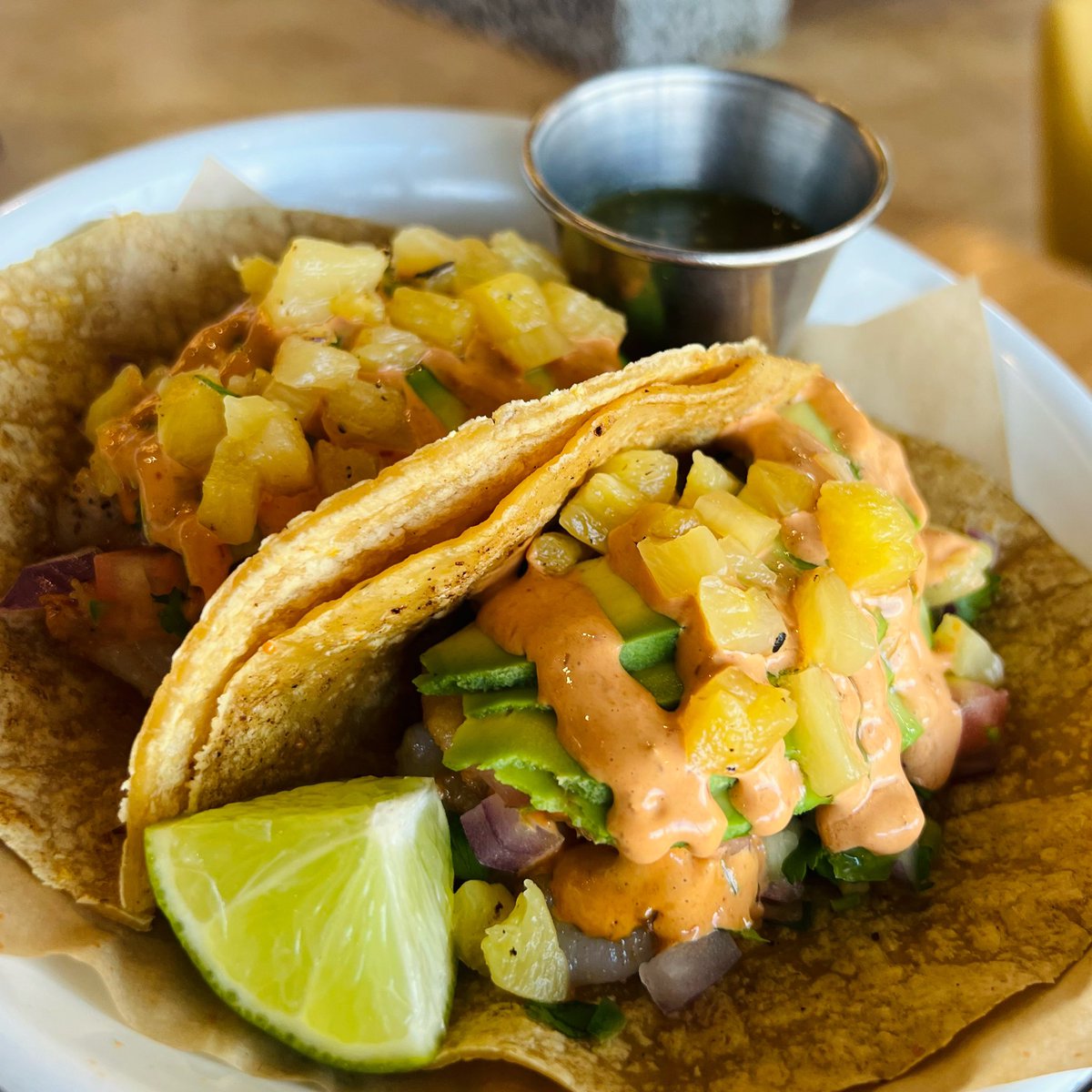Sun is finally out! ☀️ 
Shrimp Tacos with grilled pineapple sound really good right now!
Available for Lunch &amp; Dinner at our home kitchen inside <a href="/kickinkombucha/">Kickin' Houston</a>!