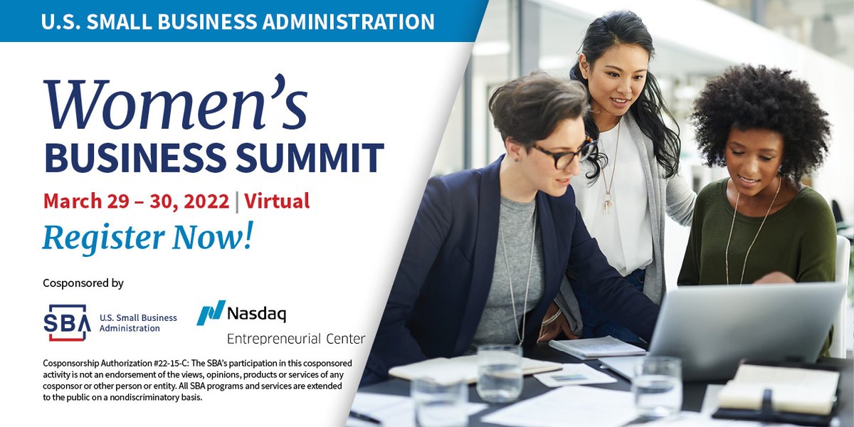 🗓️ Mark your calendar: The SBA and <a href="/nasdaqcenter/">Nasdaq Entrepreneurial Center</a> Women's Business Summit kicks off March 29! The event will feature panel discussions and workshops to help #WomenInBusiness build, scale, and grow their businesses. 

➡️ Register for the event: eventbrite.com/e/womens-busin…

 #WHM