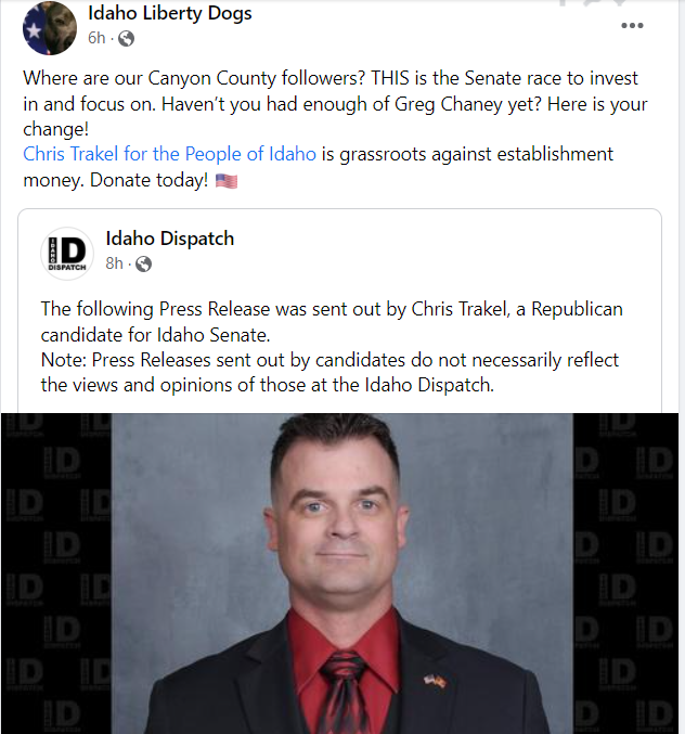 Sisyphus43's tweet photo. Chris Trakel files to run to unseat #digop Sen. Greg Chaney (Nampa-R). Trakel a barely functioning human evenfor an #idgop. Just look up video of him if you doubt. He's one to vote against in that race. #idpol https://t.co/Tw14io2tx8