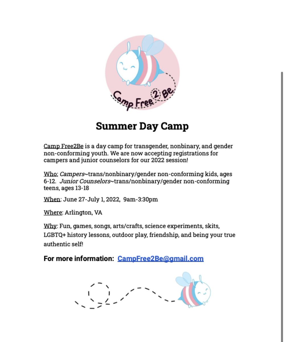 Summer 2022 registration is open for Camp Free2Be! They are accepting applications for campers &amp; junior counselors.  Camp Free2Be is a day camp for transgender, nonbinary, and gender non-conforming youth. See the flyer for more info. <a href="/DiscoveryAPS/">Discovery APS</a> <a href="/DiscoveryESPTA/">Discovery PTA</a>