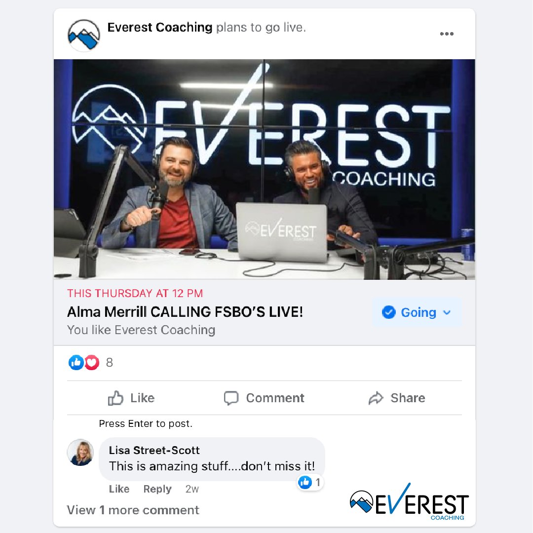 Coach_Everest's tweet photo. "This is amazing stuff... don't miss it!"
Live on Facebook Alma Merrill Calling FSBO'S.
Mark your calendars!
March 3rd - 12:00PM
#realestatecoaching #realestateut #businesscoaching #realestate #coaching #mindsetcoach #RealEstate #utahrealestate #businessmotivation https://t.co/QG8qlcxK6W