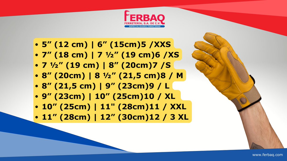 Ferbaq_oficial's tweet photo. ¿No esta seguro de que talla es para sus #guantes de seguridad? 🧤
Con una cinta métrica, mida la circunferencia a la altura de los nudillos, excluyendo el pulgar. La mano debe estar abierta con los dedos juntos. Compare esta medición con la siguiente tabla:
#Ferbaq #EPP https://t.co/g2kgKgDquw