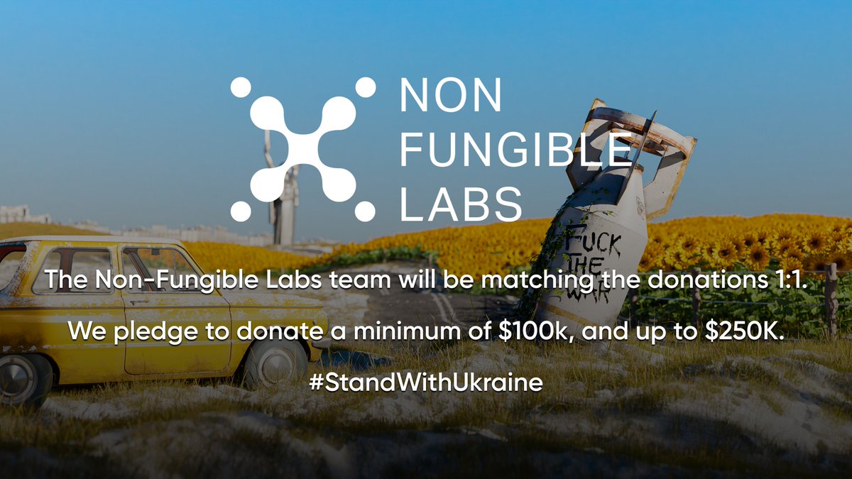 flufworld's tweet photo. 4) 

Non-Fungible Labs will match the total $ raised 1:1, with a minimum donation of US$100k, and a maximum donation of US$250k.

Together, we can share our love, support and stand with our Ukrainian brothers and sisters enduring untold hardship at this time.

#StandWithUkraine https://t.co/A8xzwPSi92