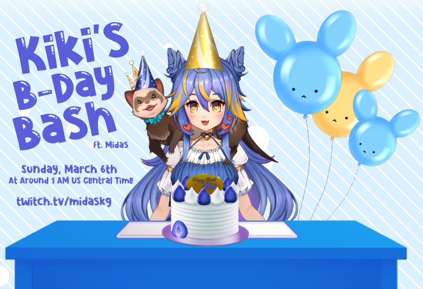 MidasVT's tweet photo. We got a birthday party coming up! Come celebrate this weekend with your favorite talking ferret and blue-haired sidekick! It'll be taking place Saturday night/ early Sunday morning and we'll have games and giveaways and drinking and stuff probably #vtuber #ENVtuber #birthdaygirl https://t.co/Gnki52RLjA