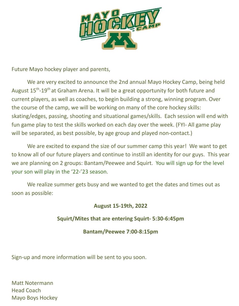Calling all future Spartans- squirts through bantams. Please read the letter from Coach Notermann and email mbhteamparent@gmail.com if you aren't already on our email list. We are excited for hockey camp this summer! Mark your calendars now.