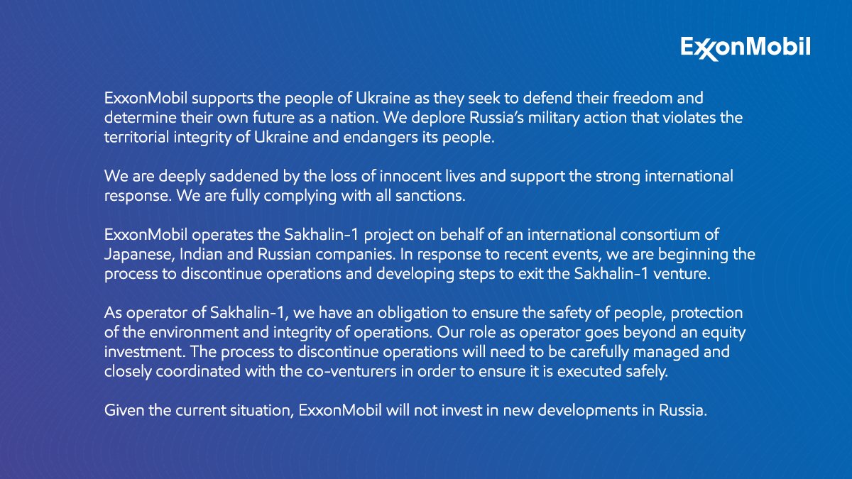 We issued the following statement regarding the situation in Ukraine today. exxonmobil.co/3vw1poz