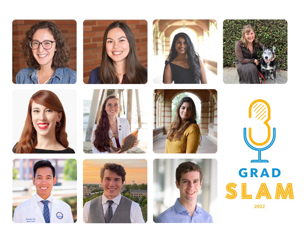 We are pleased to announce the 2022 UCLA Grad Slam Finalists! Check out the link below &amp; click on “Competition Results” for more information about our finalists!

grad.ucla.edu/life-at-ucla/e…

#gradslam #uclagradslam
