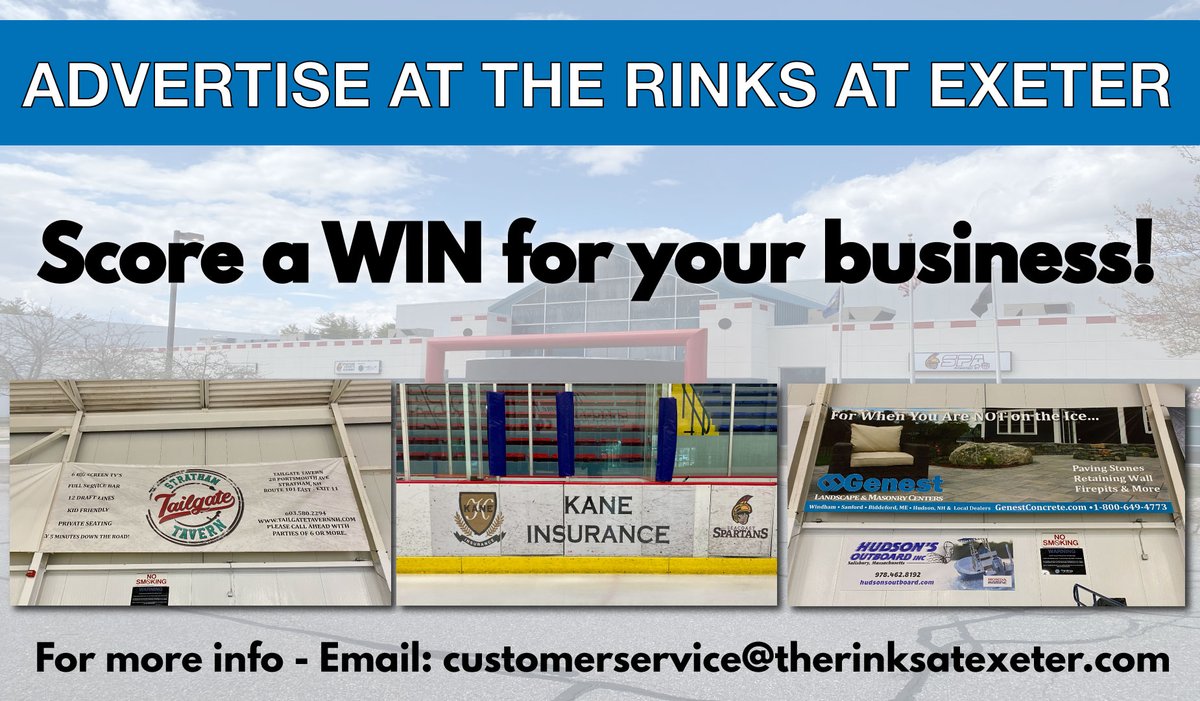 🚨 𝙰𝚃𝚃𝙴𝙽𝚃𝙸𝙾𝙽 𝙻𝙾𝙲𝙰𝙻 𝙱𝚄𝚂𝙸𝙽𝙴𝚂𝚂𝙴𝚂 🚨

The Rinks at Exeter is offering "top shelf" opportunities to advertise around the barn.

Email customerservice@therinksatexeter.com for information and score a WIN for your business!