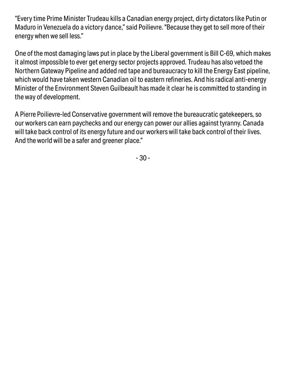 PierrePoilievre's tweet photo. Every time Trudeau kills a Canadian energy project, dictators like Putin or Maduro do a victory dance.

Let's get new projects built to help Europe kick its addiction to Russian gas, and to create new, good-paying jobs here in Canada. https://t.co/cWXfvfCo5Y