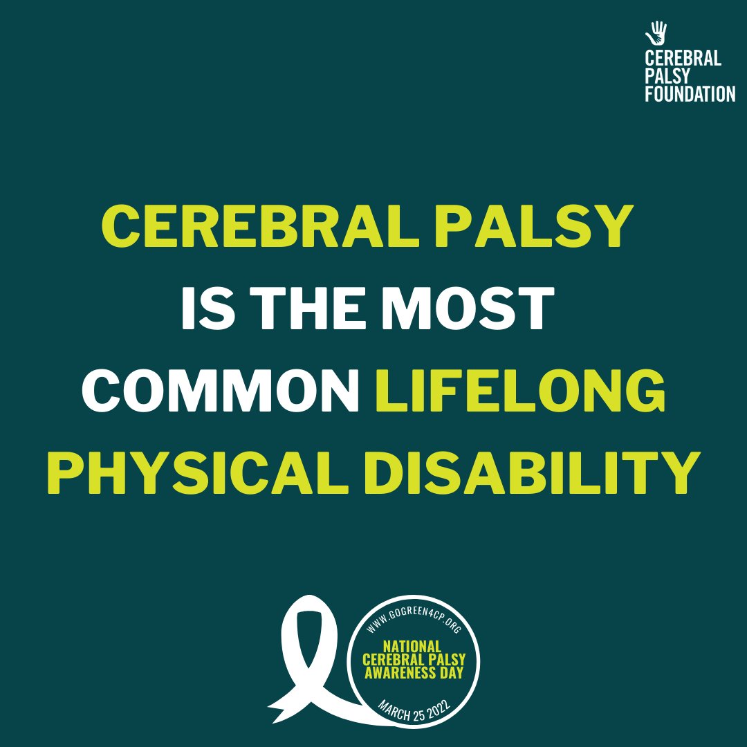 CEREBRAL PALSY IS THE MOST COMMON LIFELONG PHYSICAL DISABILITY affecting more than 1 million Americans and over 17 million people worldwide. More than 10,000 babies in the U.S. are diagnosed with #cerebralpalsy each year.

Learn more at gogreen4cp.org

#cpawareness