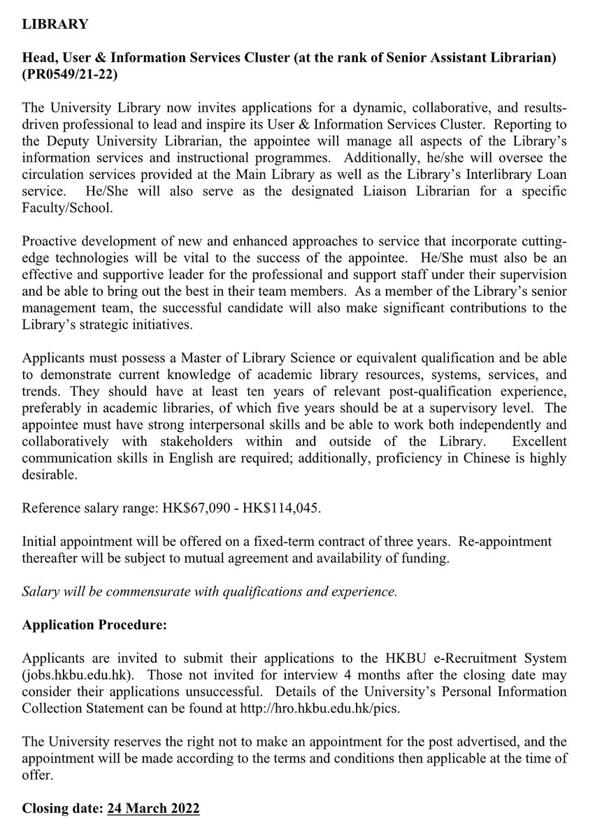 We are looking for a dynamic, collaborative professional to lead and inspire our User &amp; Information Services Cluster! Apply online at jobs.hkbu.edu.hk #LISjobs #libraryjobs #libjobs