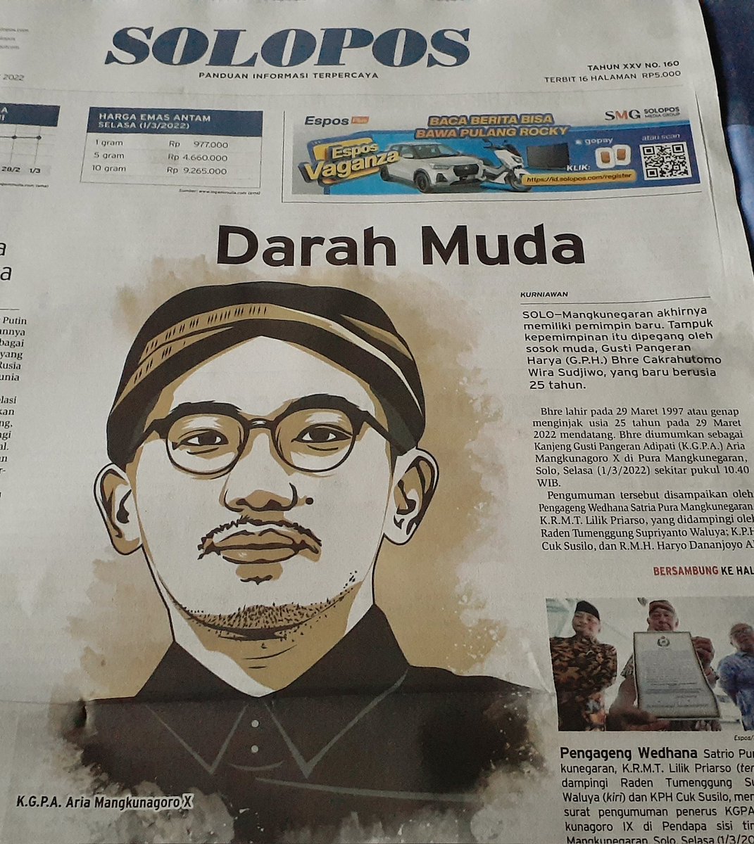 Breaking news: Mangkunegaran Punya Raja Baru berusia 25 tahun.

GPH Bhre Cakrahutomo Wira Sudjiwo ditetapkan sebagai Mangkunegara X. Beliau baru berusia 25 tahun.