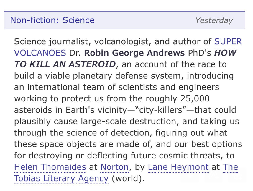 SquigglyVolcano's tweet photo. Soooo I've got some personal news, the sort that has thrilled me beyond measure... 🥳

🚨I'm writing a second book!🚨 

Everybody loves a good story about saving the world. HOW TO KILL AN ASTEROID just happens to be the tale of how scientists are preparing to do it for real. ☄️ https://t.co/ehmxgNATr6